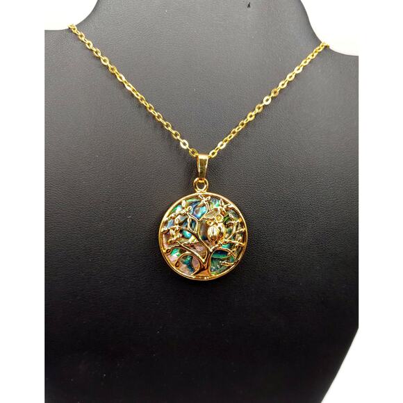 Gold Tone Owl in Tree Abalone Pendant Necklace 18" Chain Fashion Jewelry New - Picture 1 of 3